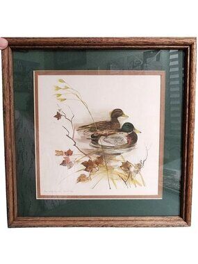 Framed Mallard Ducks Female-Male Pair Signed by Artist Mads Stage, Litho/Print